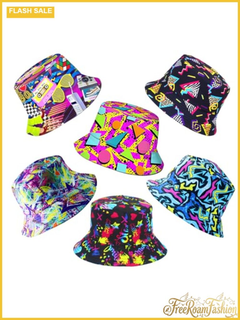 6 Pack Retro 80s 90s Bucket Hats Unisex Reversible Polyester Party Sun Cap